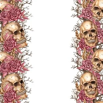 Square frame with skulls and roses gothic watercolor Stock Illustration