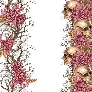 Square frame with skulls feathers roses and branches watercolor Stock Illustration
