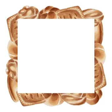 A square frame with space for text in the center, featuring buns, puff pastri Stock Illustration