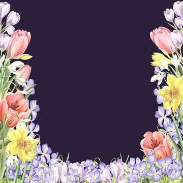 Square frame from spring flowers. Isolated hand drawn watercolor illustration of Stock Illustration