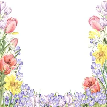 Square frame from spring flowers. Isolated hand drawn watercolor illustration of Stock Photos