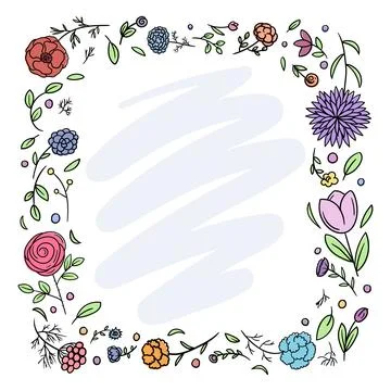 Square frame of spring flowers. Postcard template. Stock Illustration