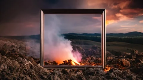A square frame standing on the mountains with a burning bonfire in the back.. Stock Footage 273953865