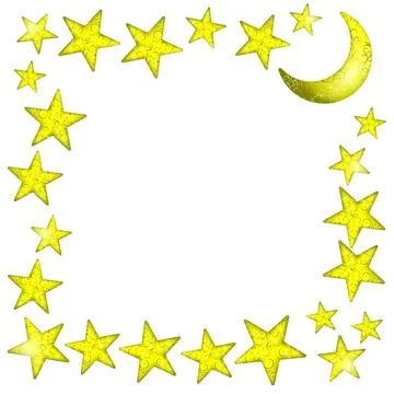 A square frame of stars and a moon, with an openwork gold pattern and glow. Illustrazione stock