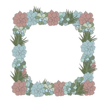 Square frame of succulent cactus, hand drawn plant border isolated on white Stock Illustration