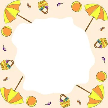 Square frame of a summer beach holiday. White background. Illustrazione stock