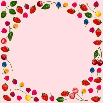 Square frame of  summer berries on a light pink background Stock Illustration