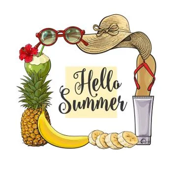 Square frame of summertime vacation attributes, Hello Summer banner design Stock Illustration