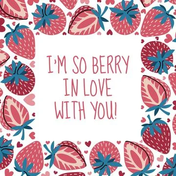 Square frame template with strawberry and hearts in flat style. Valentine's d Stock Illustration