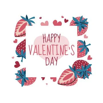 Square frame template with strawberry and hearts in flat style. Valentine's.. Stock Illustration