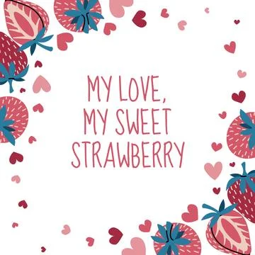 Square frame template with strawberry and hearts in flat style. Valentine's d Stock Illustration