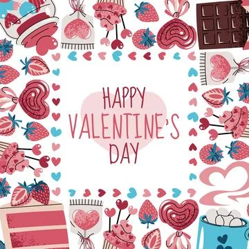 Square frame template with sweets, cake, chocolate, strawberry, candy and hea Stock Illustration