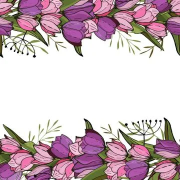 Square frame with tulips and herbs on white. Floral pattern for your wedding Stock Illustration