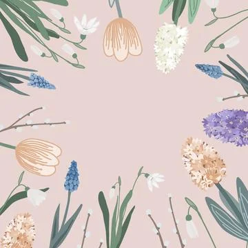 Square frame with various spring flowers and space for text. Floral backgro.. Stock Illustration