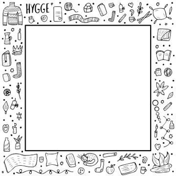 Square frame of vector hygge objects. Vectorsquare  border with symbols of co Stock Illustration