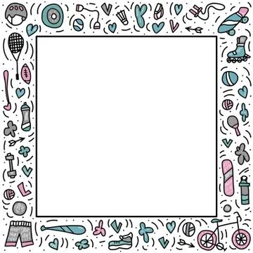 Square frame of vector of sport activities. Healthy lifestyle tools,  symbols Illustrazione stock