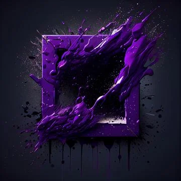 A square frame with violet paint splashes on black background. 스톡 일러스트