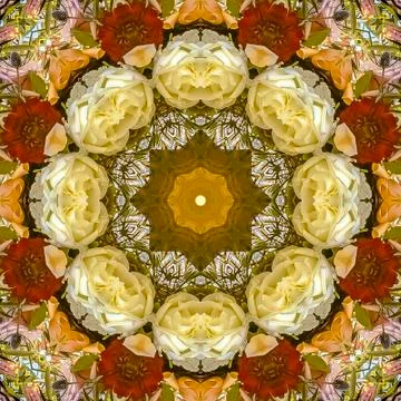 Square frame Vivid flowers in a patterned display of flowers in circular 스톡 사진