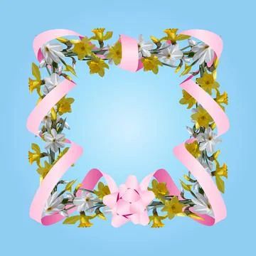 Square frame with white and yellow daffodils ribbon and bow Illustrazione stock