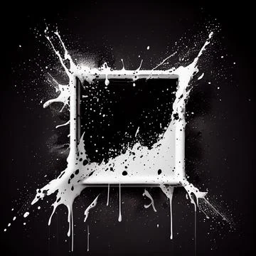 A square frame with white paint splashes on black background. Stock Illustration