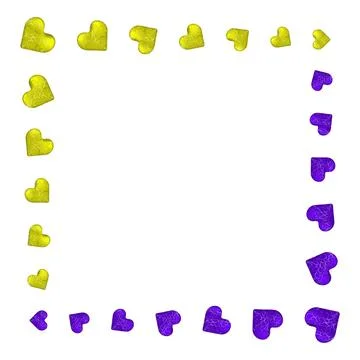 A square frame with yellow and purple hearts and an openwork pattern. White Stock Illustration