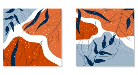 Square Frames with Abstract Shapes and Tropical Flora Branches Vector Composi Stock Illustration