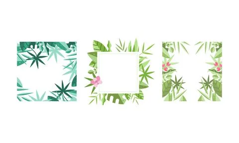 Square Frames with Green Leaves Around Border Vector Set Stock Illustration