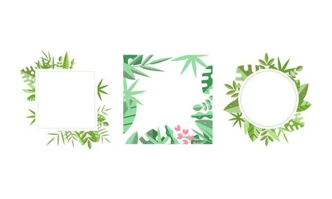 Square Frames with Green Leaves Around Border Vector Set Stock Illustration