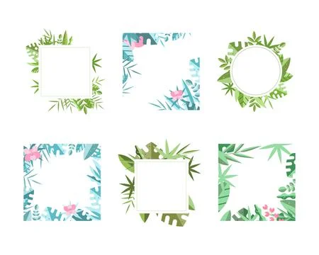 Square Frames with Green Leaves Around Border Vector Set Stock Illustration