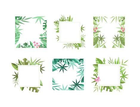 Square Frames with Green Leaves Around Border Vector Set Illustrazione stock