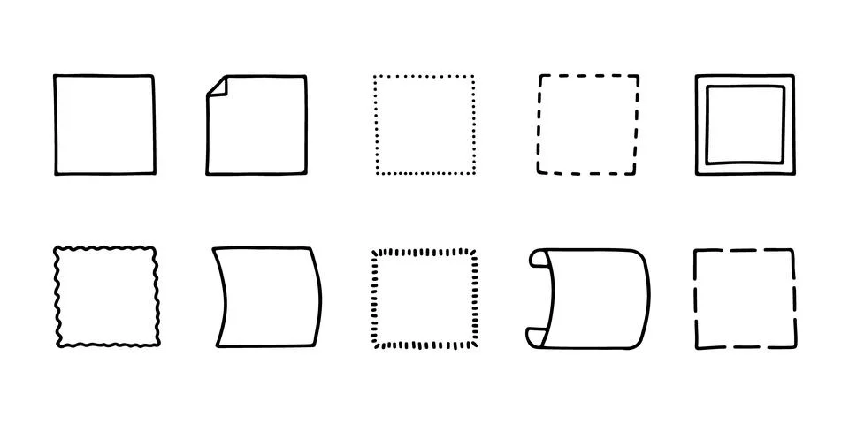 Square frames for note text, hand drawn doodle line set. Scribble quadratic s 库存插图