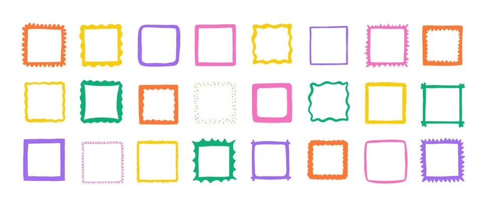 Square frames with scalloped edges. Wavy shapes, and funky geometric text b.. Stockillustratie