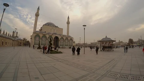 Square in front of Selimiye Mosque, Mevlana Museum in the evening in the center Stock Footage 82277797