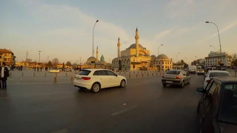 Square in front of Selimiye Mosque, Mevlana Museum in the evening in the center Stock Footage 82282098