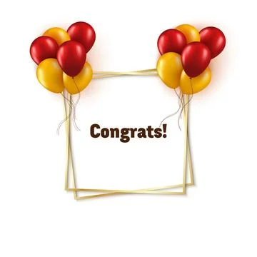 A square geometric frame in gold with a bunch of red and yellow balloons on Stock Illustration