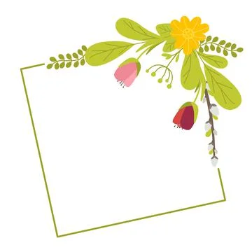 Square geometric frame with willow tulips and leaves. Vector illustration in  Illustrazione stock