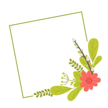 Square geometric frame with willow tulips and leaves. Vector illustration in  Illustrazione stock