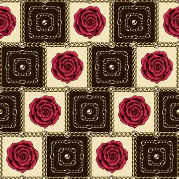 Square geometric pattern with crimson roses. gold chains, ball beads. Stock Illustration