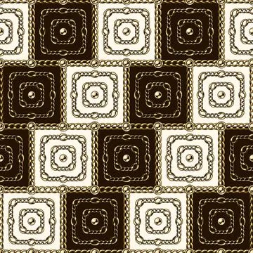 Square geometric pattern with gold chains, ball beads. Diagonal ornament Stock Illustration