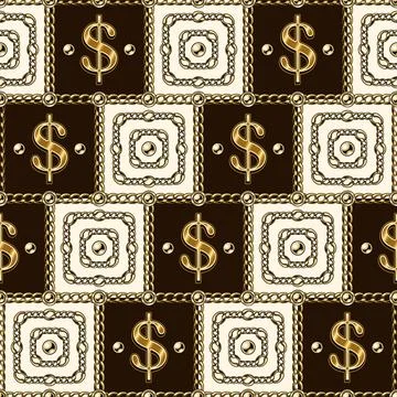 Square geometric pattern with gold dollar sign, chains, ball beads. Stock Illustration