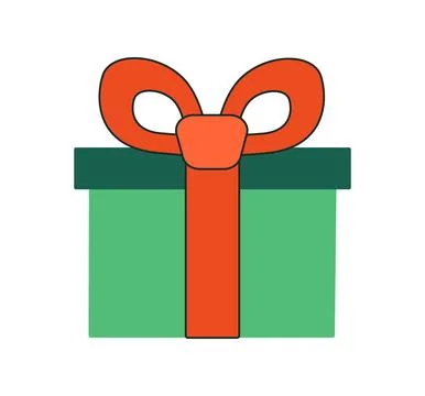 Square Gift Box tied with Bow. Red ribbon with outline and green Present Stock Illustration