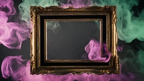 Square gold black frame around slowly moving colorful smoke dark background. Stock Footage 273954560