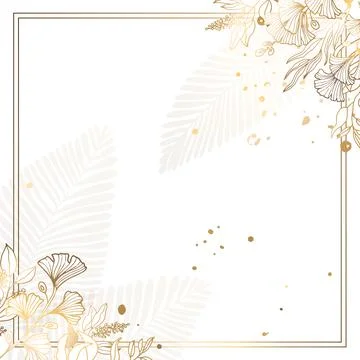 Square gold frame made of gold flowers and branches on a white background. Mi Stock Illustration