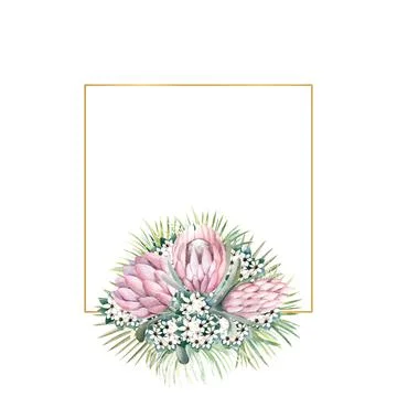 Square gold frame with protea flowers, tropical leaves, palm leaves, bouvardia Stock Illustration