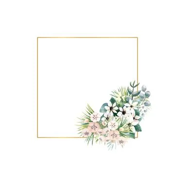 Square gold frame with small flowers of actinidia, bouvardia, tropical and palm Stock Illustration