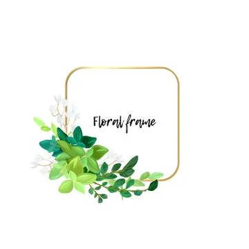 Square gold frame with white flowers, eucalyptus leaves and succulent plants Stock Illustration