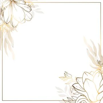 Square golden frame made of small flowers and branches of golden magnolia on a Stock Illustration