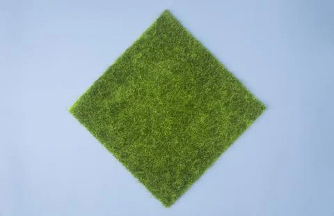Square Green Grass Patch on Blue Background Top View 스톡 사진