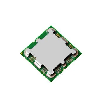 Square green microchip module showing its intricate circuitry and contact pads Stock Photos