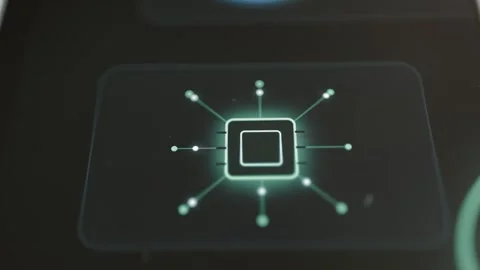 Square green processor symbol connects by ten thin lines to luminous nodes Stock Footage 343373288